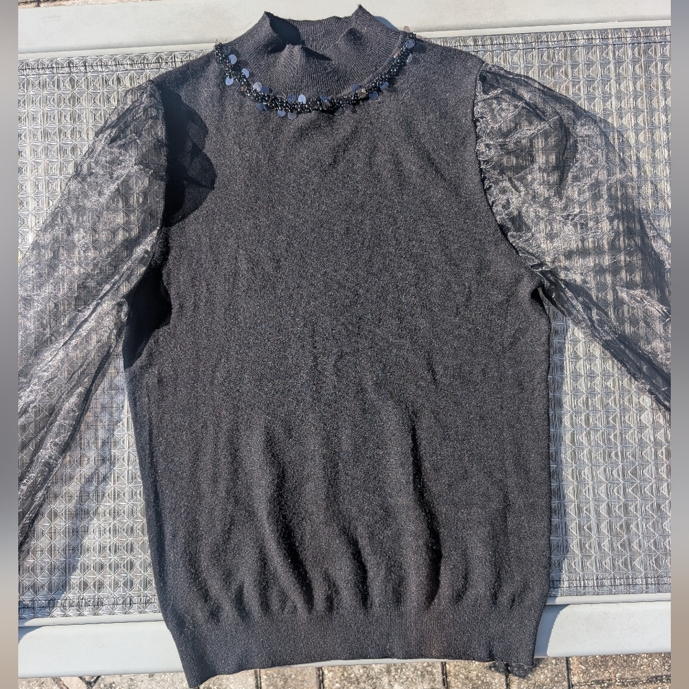 Knit Top with Sheer Sleeves And Sequin Detail